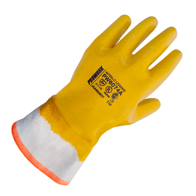 PROWORK GUANTES NITRILO AMARILLO MEDIO BAÑO COMPLETO PUÑO DE LONA (PW6074A)