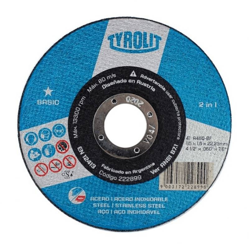 TYROLIT DISCO ABRASIVO BASIC PARA CORTE 2 EN 1 DE ACERO Y ACERO INOXIDABLE 115X1.6X22.23 (222899)